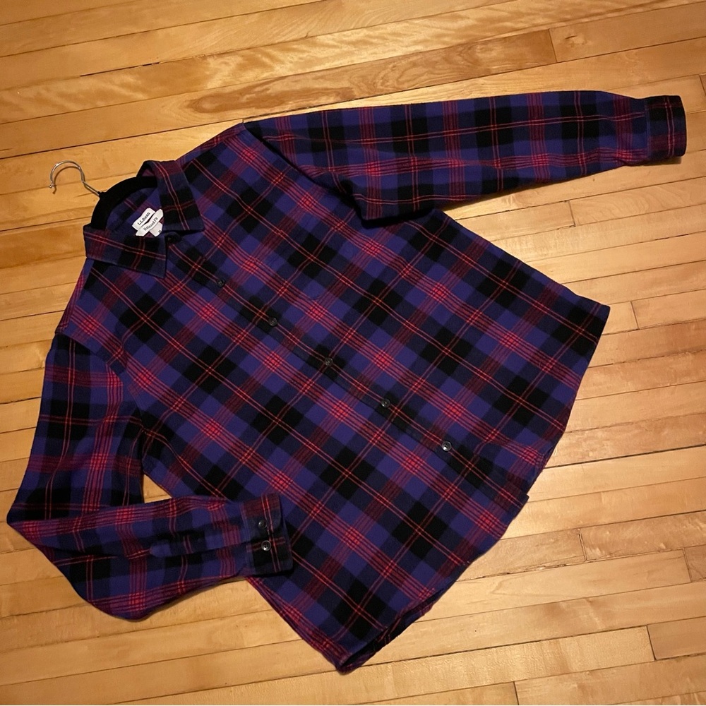 L.L. BEAN Scotch Plaid Flannel Shirt Button Down Relaxed Fit Red Purple Classic